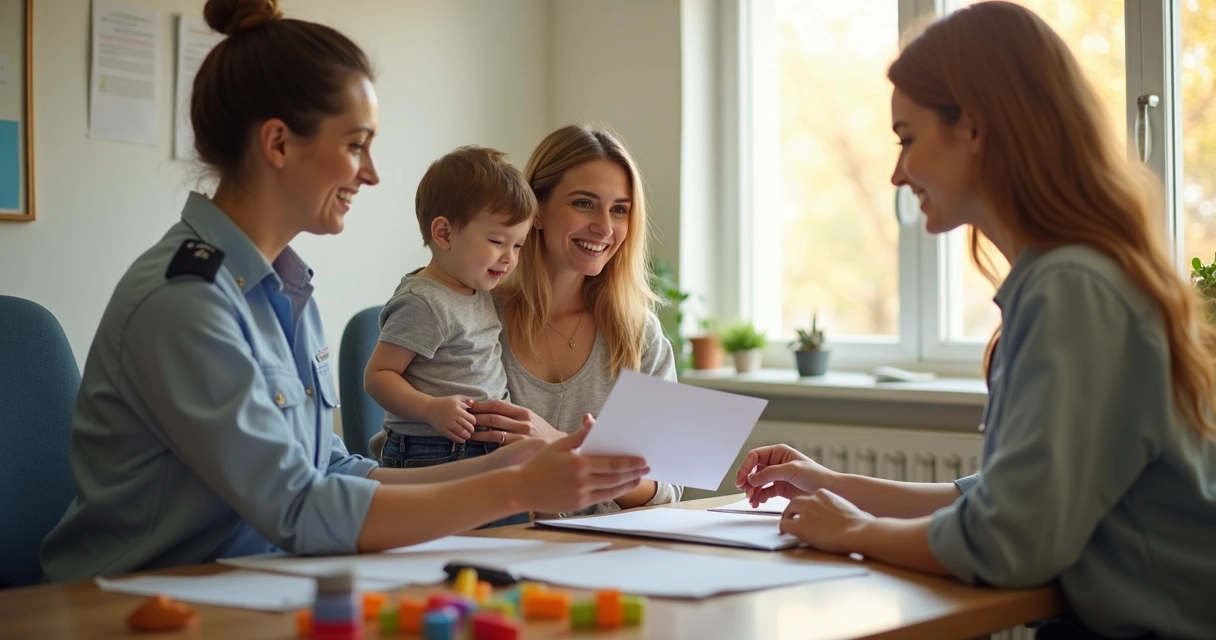Mãe segurando criança pequena ao lado de oficial mostrando termo de adoção 