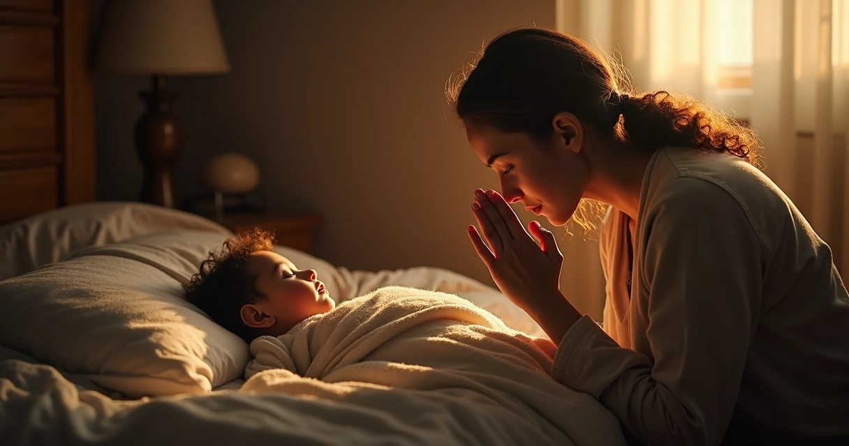 Mãe ajoelhada orando por filho em quarto pouco iluminado