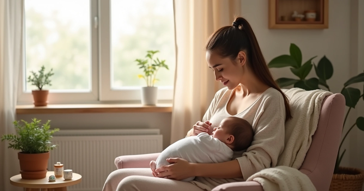 Mãe amamentando bebê com expressão tranquila em ambiente aconchegante e iluminado 