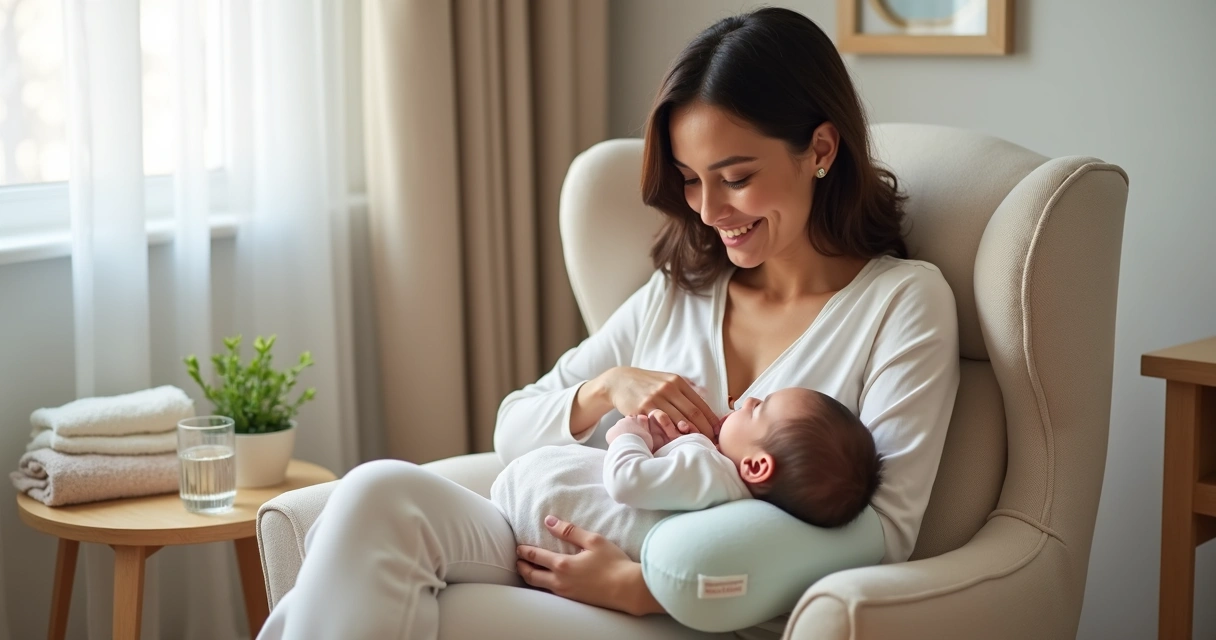 Mãe confortável amamentando sentada segurando bebê com travesseiro para apoio 