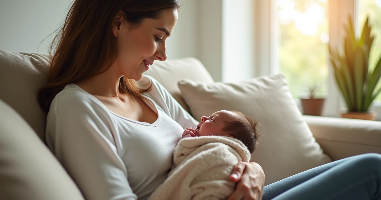 Mãe amamentando recém-nascido em ambiente tranquilo 