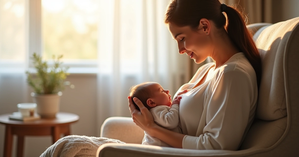 Mãe amamentando bebê recém-nascido em ambiente iluminado