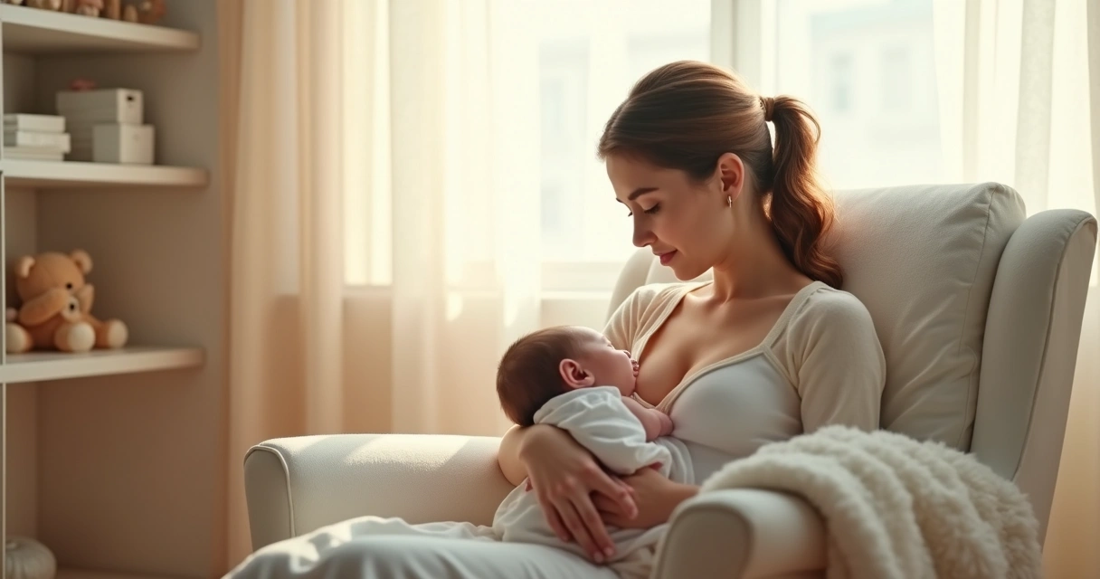 Mãe em ambiente tranquilo amamentando recém-nascido em poltrona branca 