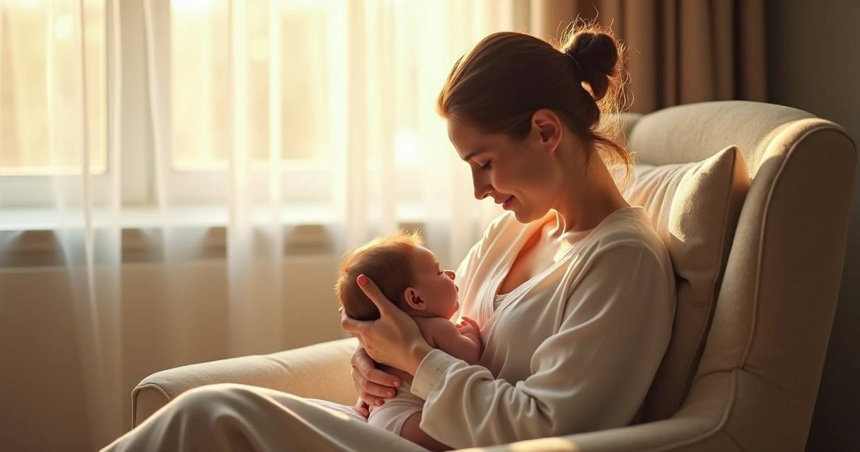 Mãe amamentando bebê sentada na poltrona 