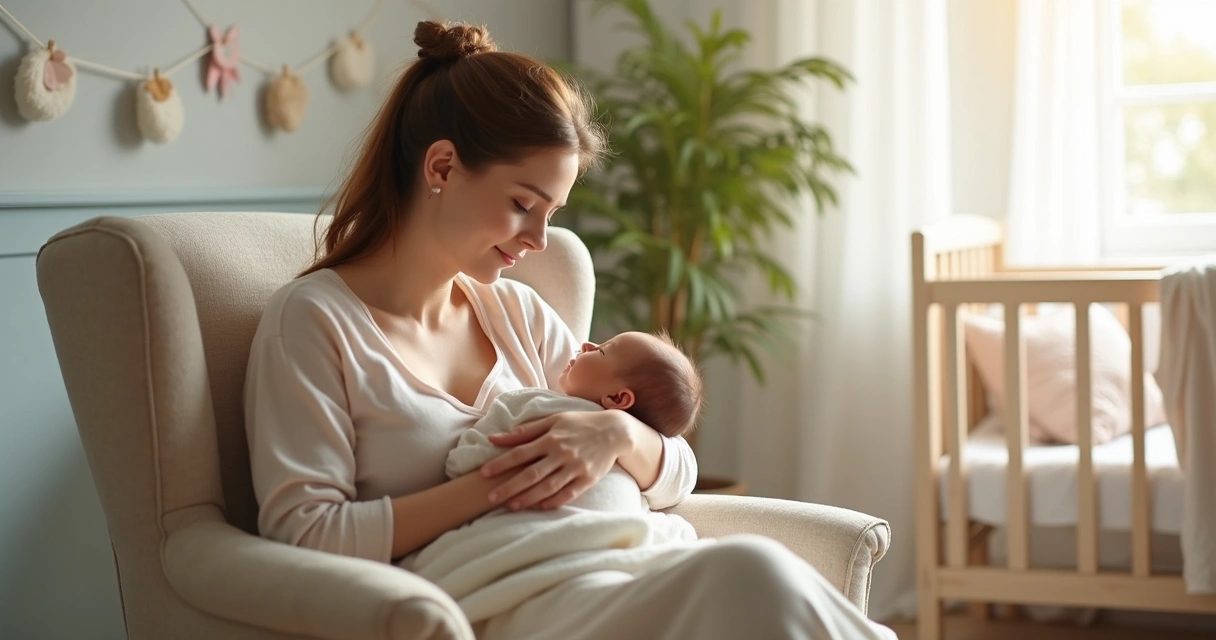 Mãe amamentando bebê recém-nascido em poltrona 