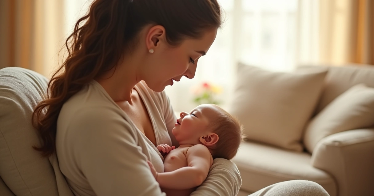 Mãe oferecendo o peito ao bebê em um quarto silencioso 