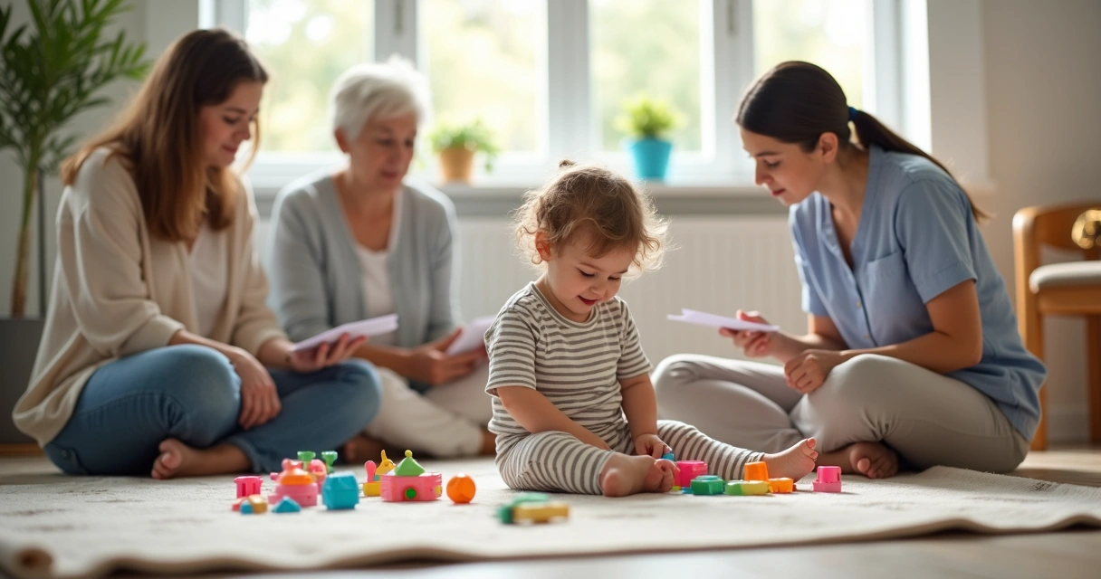 Mãe atípica com criança brincando, família e terapeutas ao fundo formando uma rede de apoio 