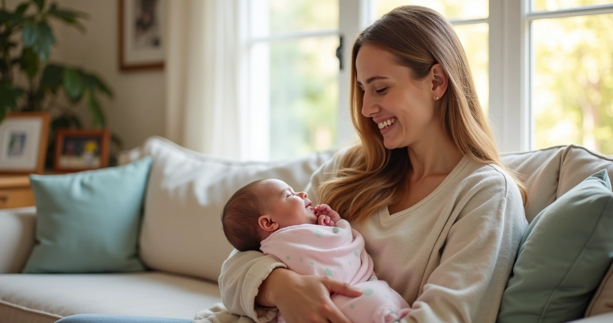 Mãe segurando bebê sorridente na sala de casa