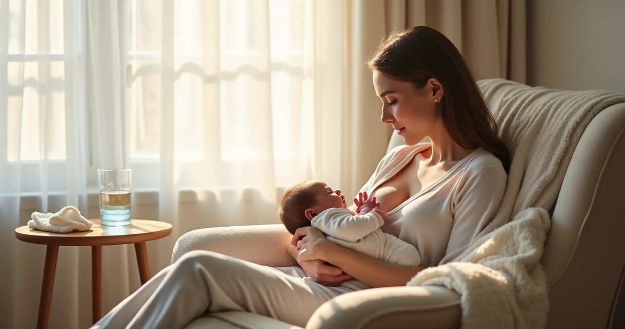 Mãe amamentando recém-nascido em poltrona de casa 