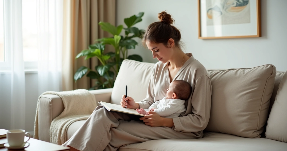 Mãe sentada no sofá segurando o bebê e escrevendo em diário de autoconhecimento 