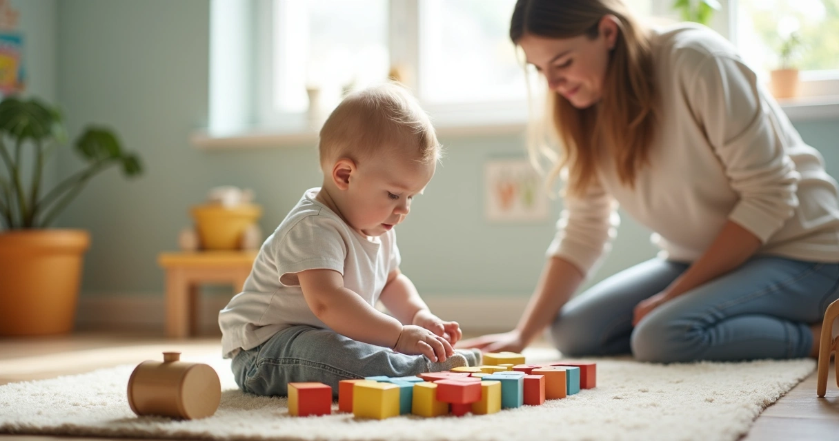 Mãe observa bebê quieto sentado entre blocos de brinquedo coloridos no chão 