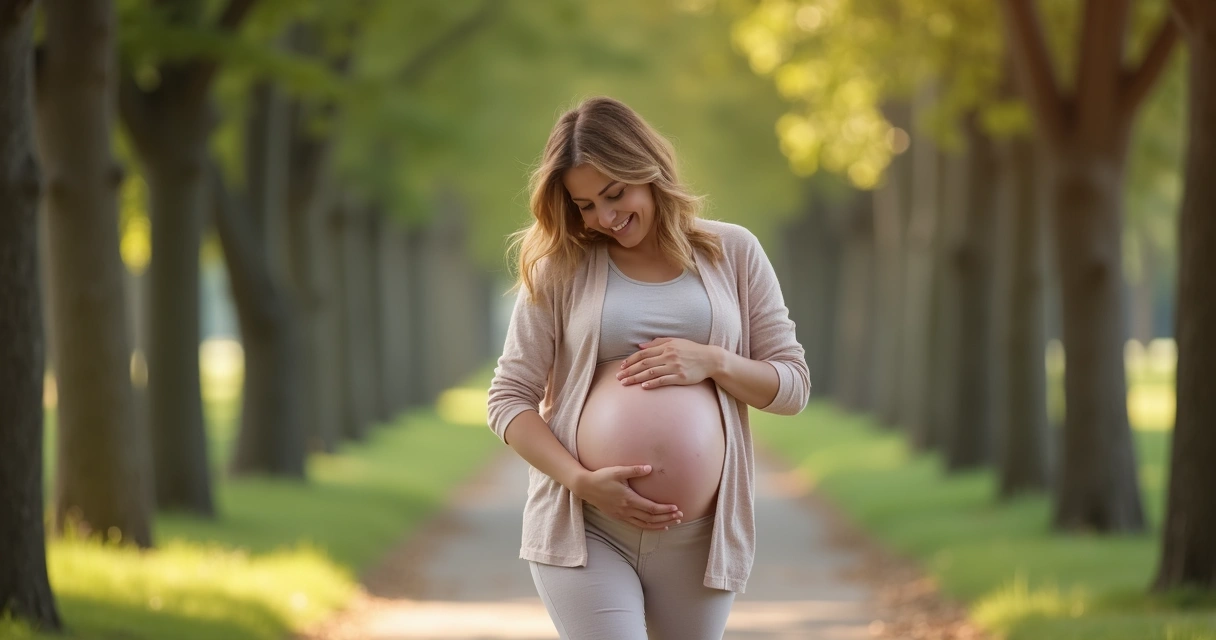 Mãe grávida fazendo caminhada e com as mãos sobre a barriga, demonstrando carinho e conexão. 