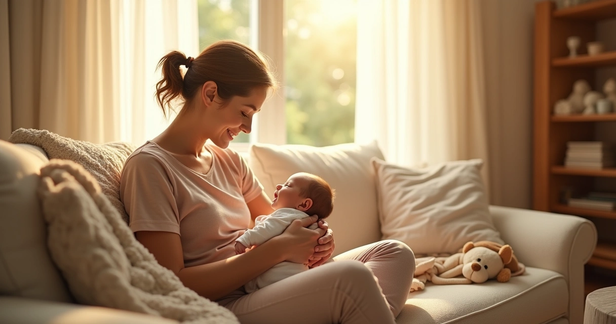 Mãe segura bebê recém-nascido no colo em casa, ambos sorrindo. 
