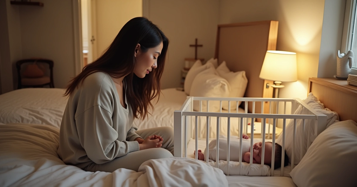 Mãe cristã observa bebê dormindo em berço ao lado da cama do casal 