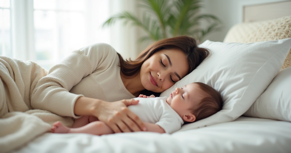 Mãe deitada ao lado do bebê, ambas em ambiente calmo e acolhedor 