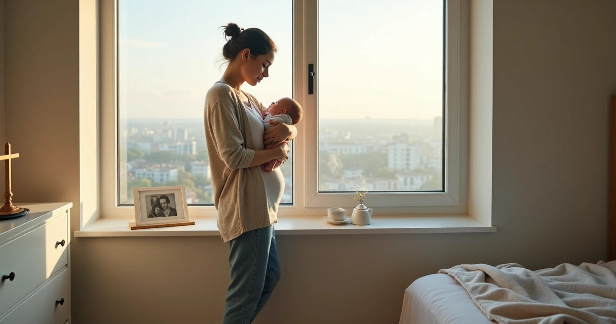 Mãe cristã segurando bebê ao lado de janela iluminada pela manhã 