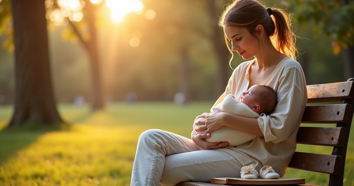 Mãe abraçando bebê envolto em manta clara sob luz suave do amanhecer 