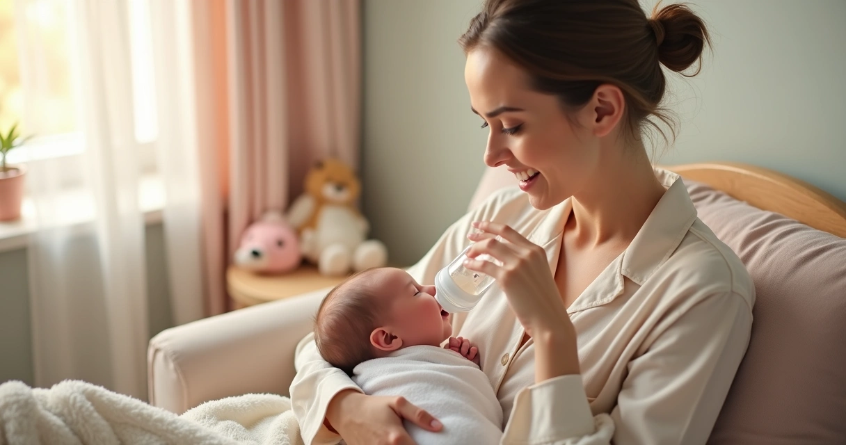 Mãe oferecendo mamadeira pequena para bebê recém-nascido 
