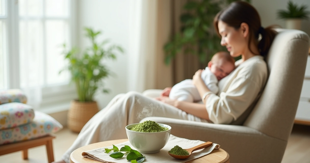 Mãe sentada em poltrona amamentando bebê com tigela de moringa ao lado 
