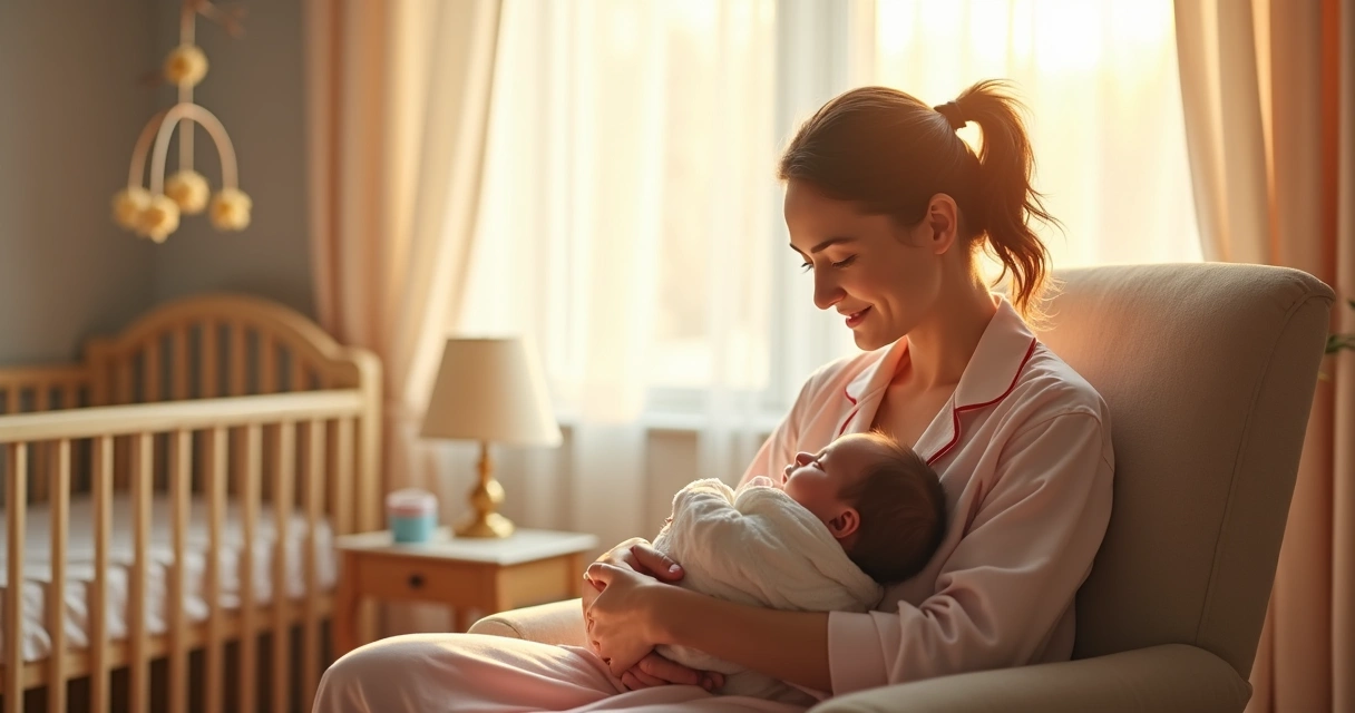 Mãe segura bebê recém-nascido em quarto iluminado