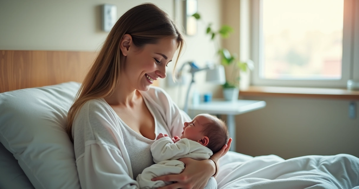Mãe sorrindo com bebê no colo após parto