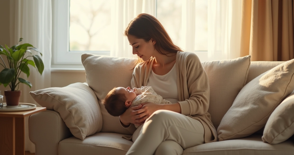 Mãe sentada no sofá com o bebê no colo em ambiente acolhedor e calmo 