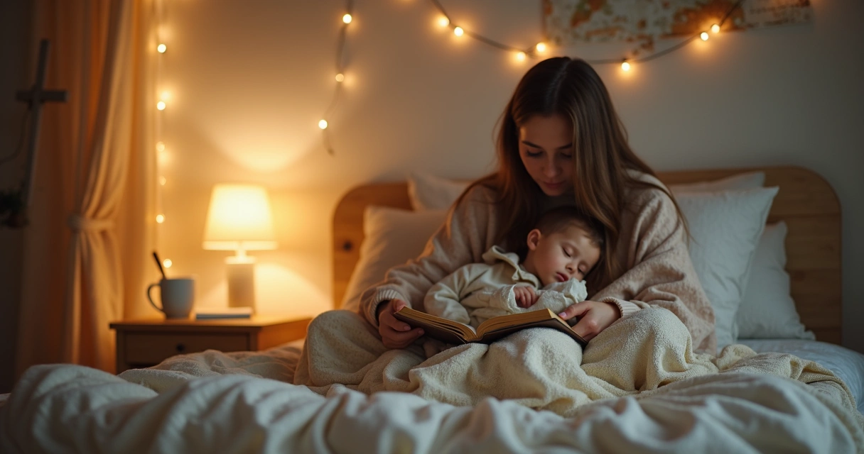 Mãe lendo Bíblia aberta ao lado de criança dormindo no quarto à noite 