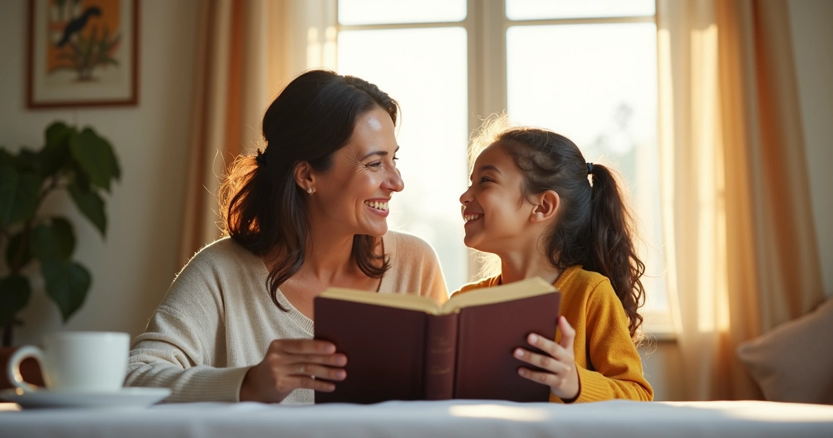Mãe lendo a Bíblia ao lado da filha 