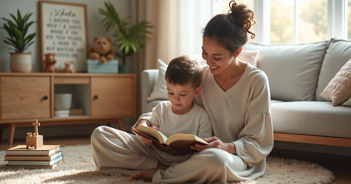 Mãe lendo a Bíblia com filho pequeno ao lado