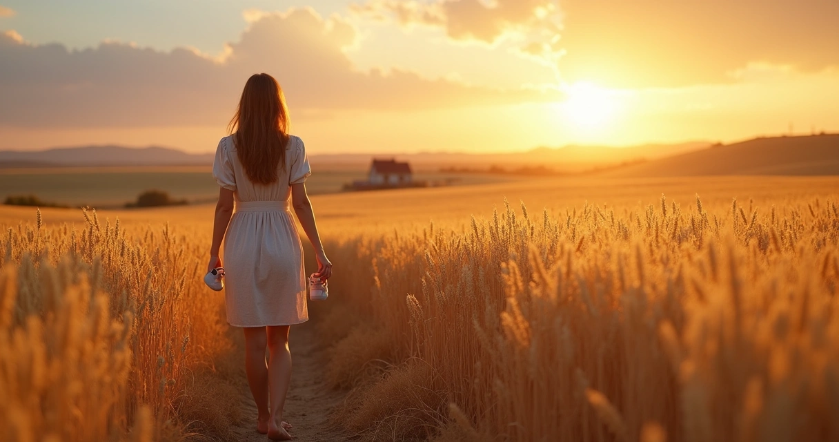 Mãe caminhando em campo de trigo ao pôr do sol segurando sapatos de bebê 