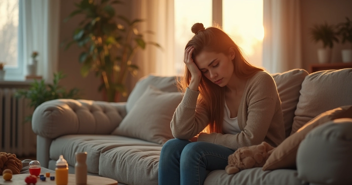 Mãe sentada e cansada no sofá com expressão de sobrecarga mental, ambiente de sala iluminado e aconchegante 
