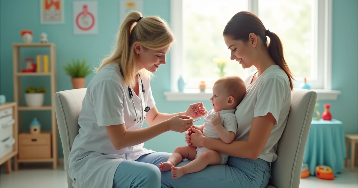 Mãe sentada em cadeira de clínica com bebê no colo recebendo vacina na coxa direita 