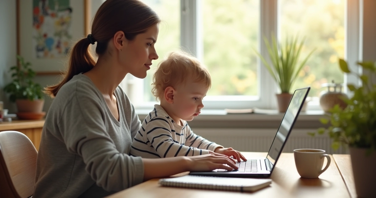 Mãe trabalhando de casa com laptop ao lado de seu filho. 