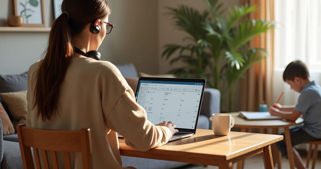 Mãe trabalhando em home office com laptop 