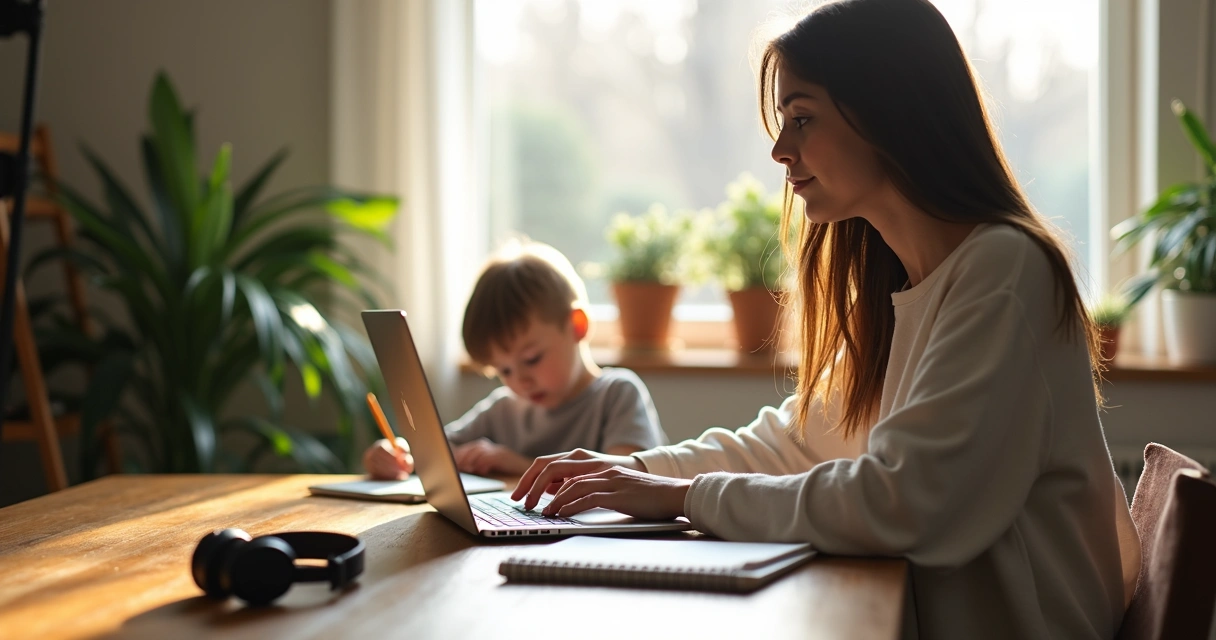 Mãe trabalhando com notebook 