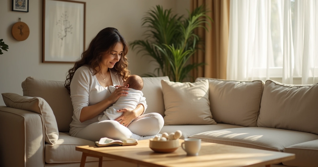 Mãe segurando bebê recém-nascido em casa 