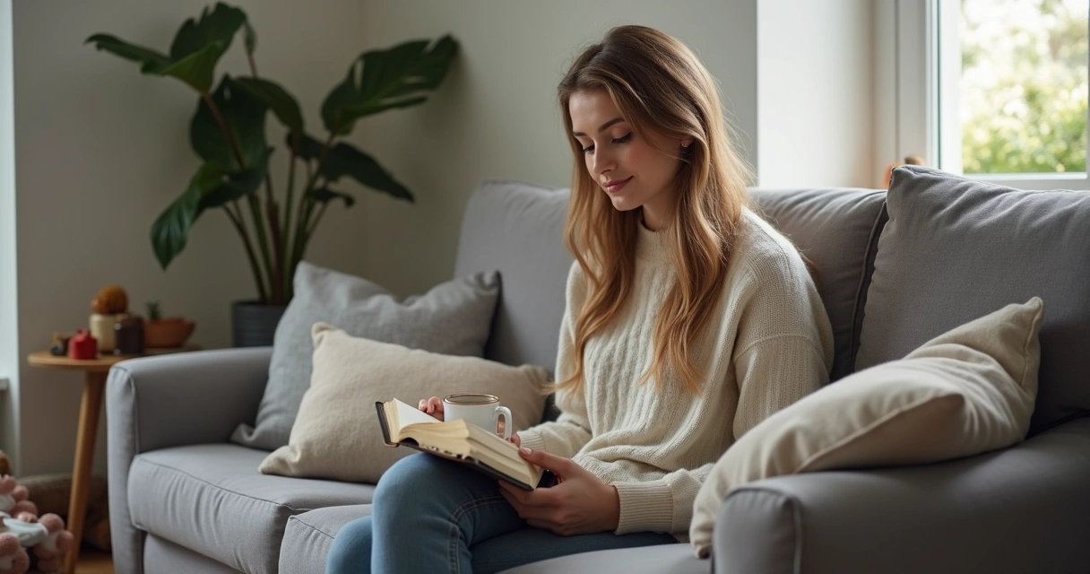 Mãe sentada em sofá com Bíblia aberta no colo, luz suave na sala 