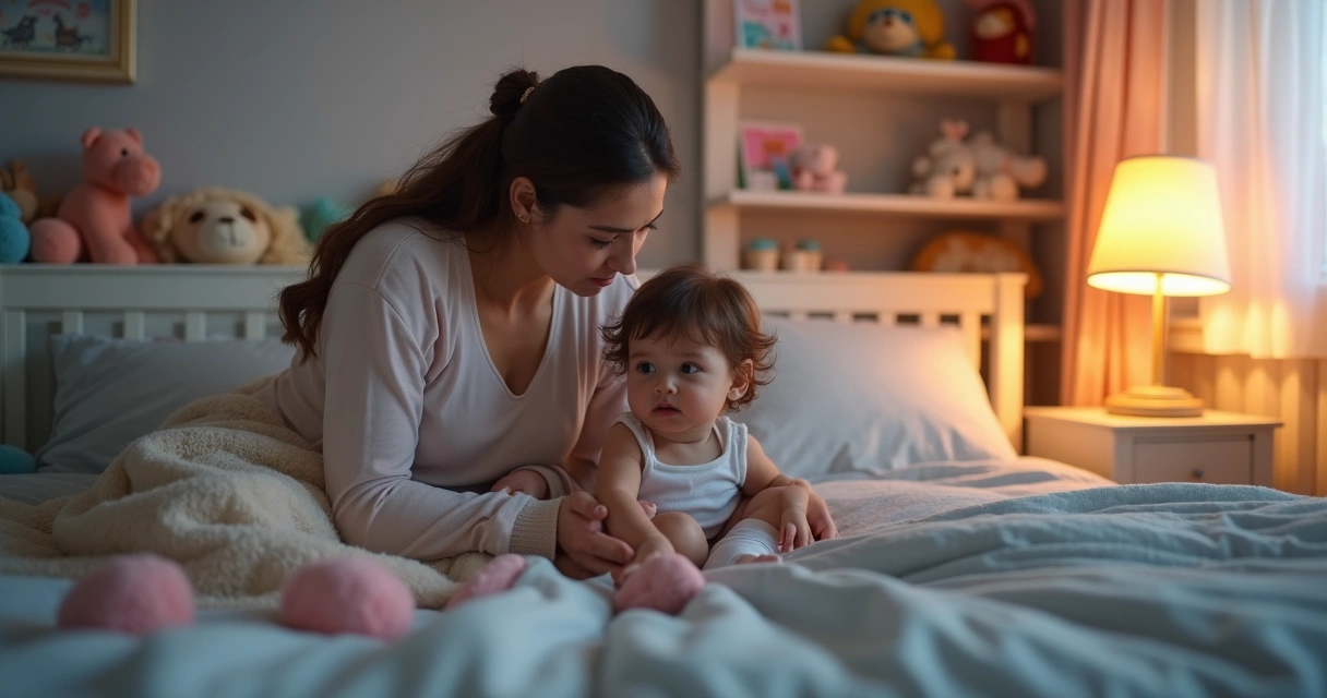Mãe confortando criança no quarto com ambiente acolhedor e brinquedos ao redor 