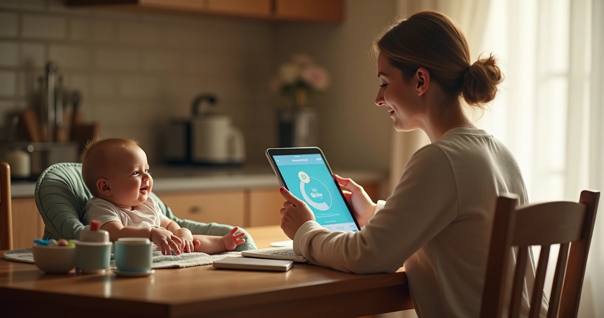 Mãe consultando status do pedido em tablet com bebê ao lado