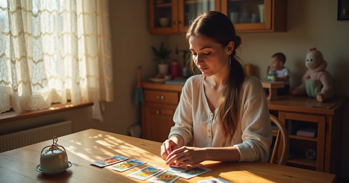 Mulher analisando cartas de tarot sobre uma mesa de madeira 