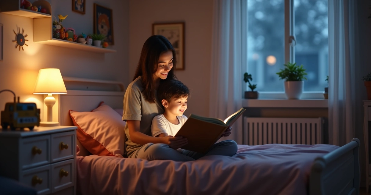 Mãe contando história para filho na cama em quarto à noite, ambos atentos e sorrindo 