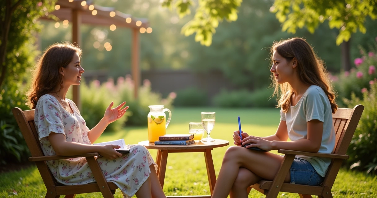 Mãe cristã conversando com dois adolescentes em cadeiras de jardim no verão 