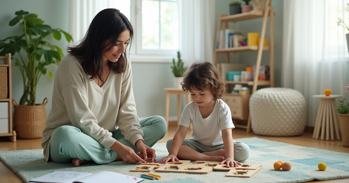 Mãe sentada em tapete colorido ajudando criança a montar quebra-cabeça 