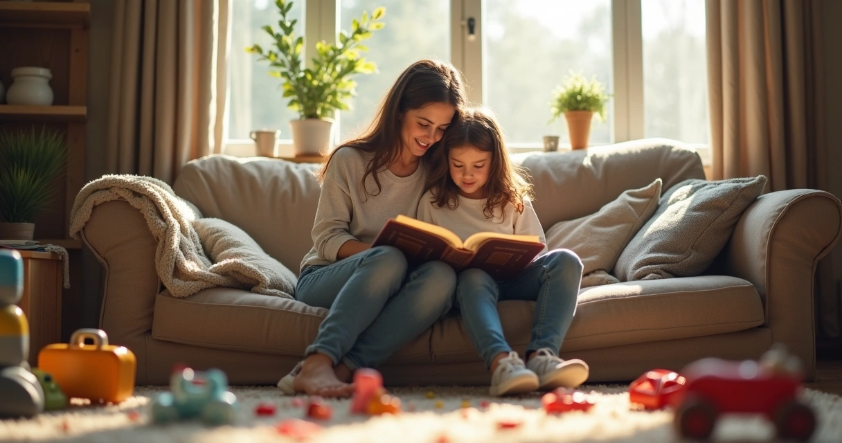 Mãe lê a Bíblia com filha no sofá com brinquedos espalhados e luz do dia 
