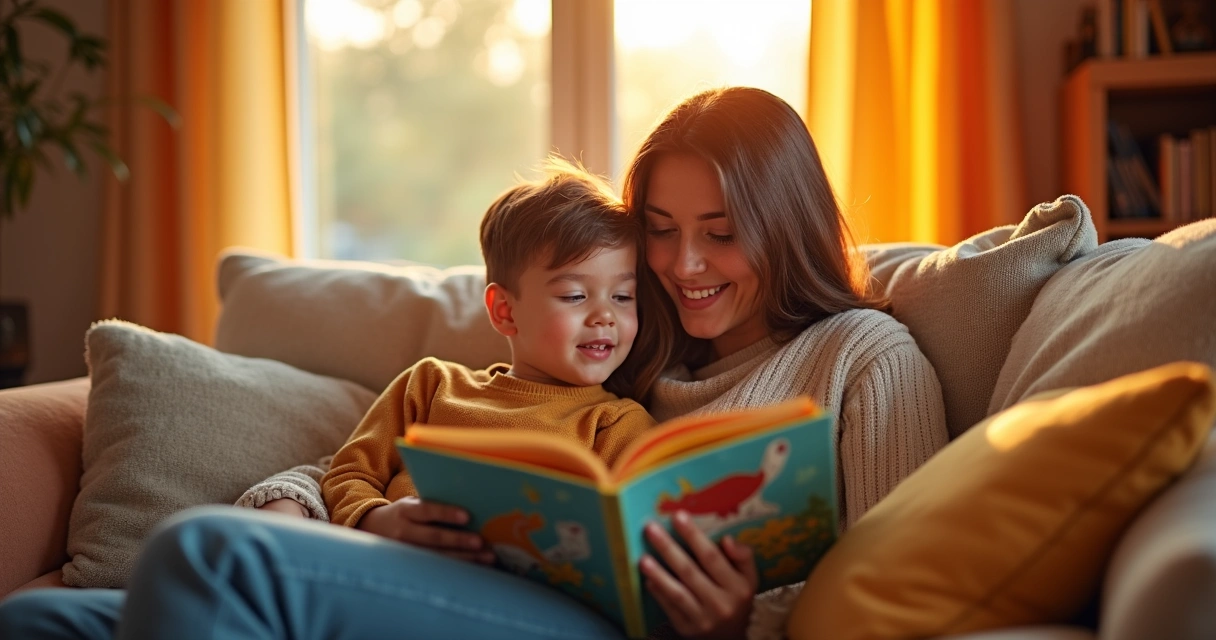 Mãe e filho pequenos lendo um livro ilustrado juntos no sofá, luz suave ao entardecer, sorriso nos rostos 