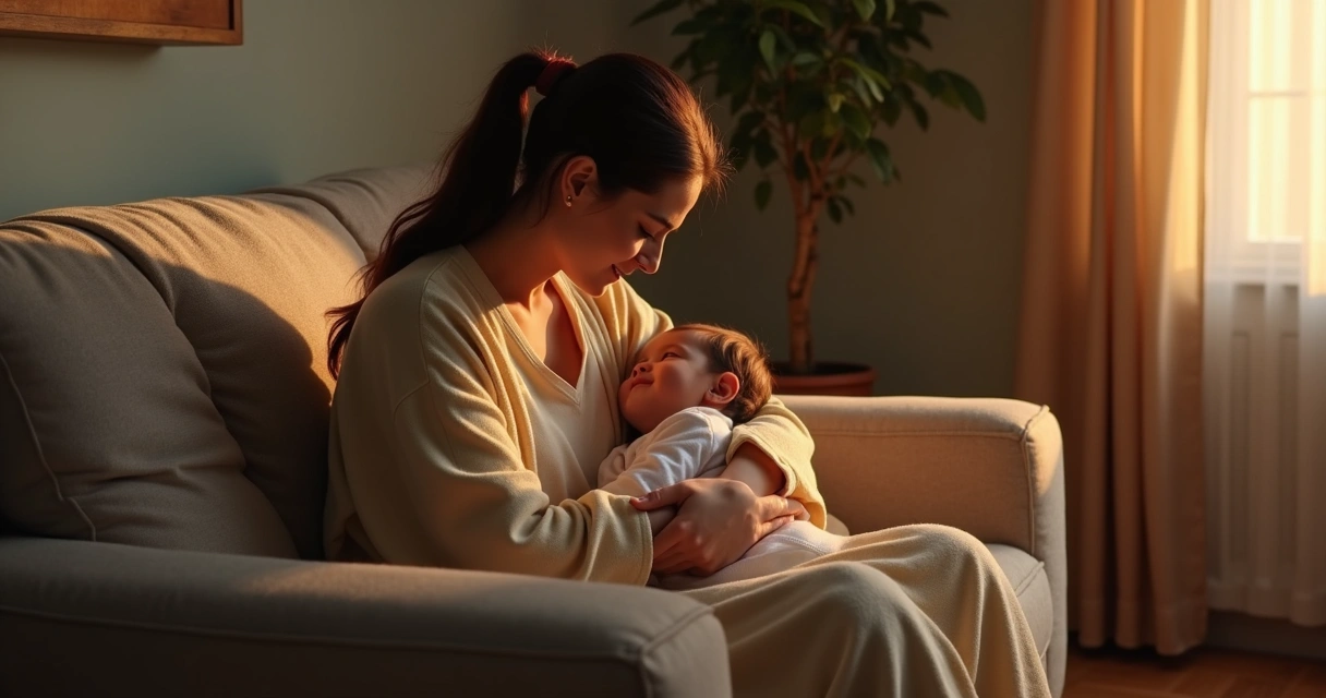 Mãe sentada em sofá abraçando o filho pequeno, ambiente caseiro iluminado, atmosfera acolhedora