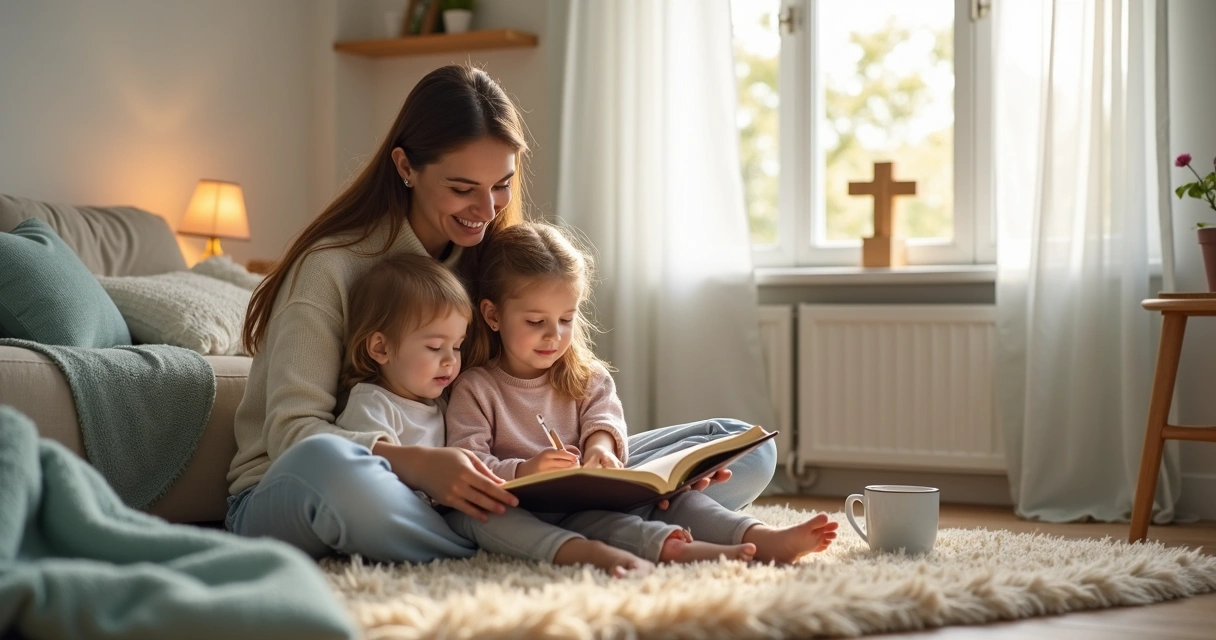 Mãe cristã orando e lendo a Bíblia com dois filhos pequenos na sala de casa 
