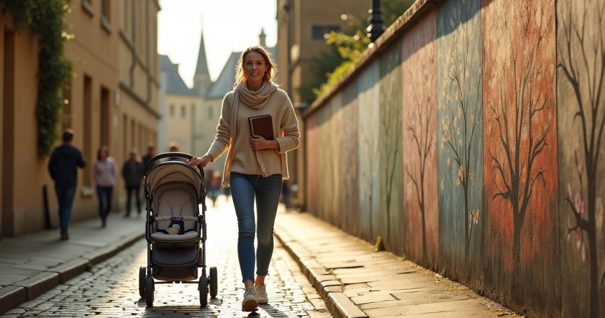 Mãe cristã caminhando com carrinho de bebê em rua de Oxford com pinturas das quatro estações ao fundo 