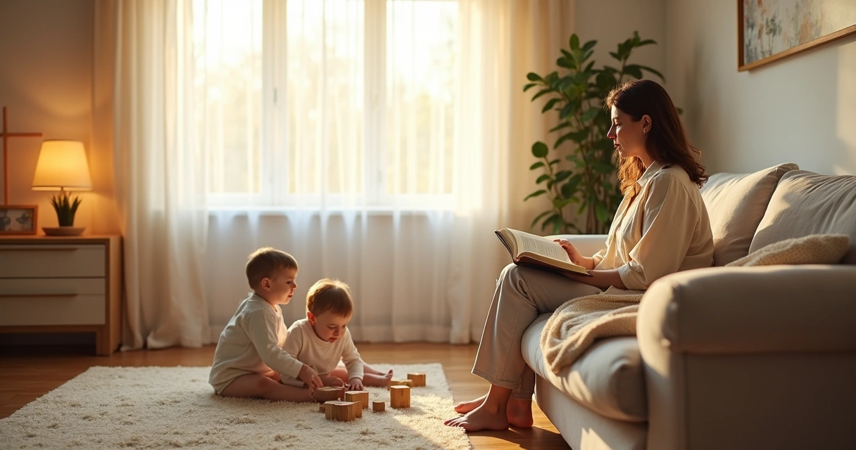 Mãe cristã sentada em sala aconchegante lendo a Bíblia enquanto crianças brincam ao lado 
