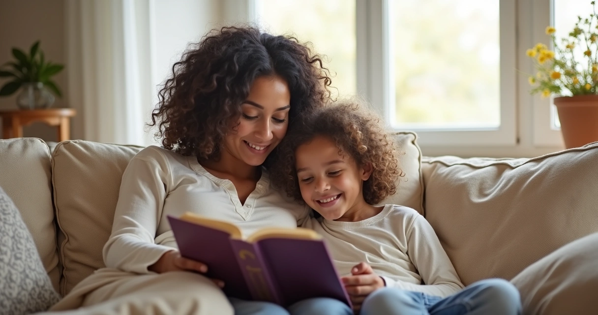 Mãe cristã lendo devocional com filha ao lado, sentadas em sofá claro